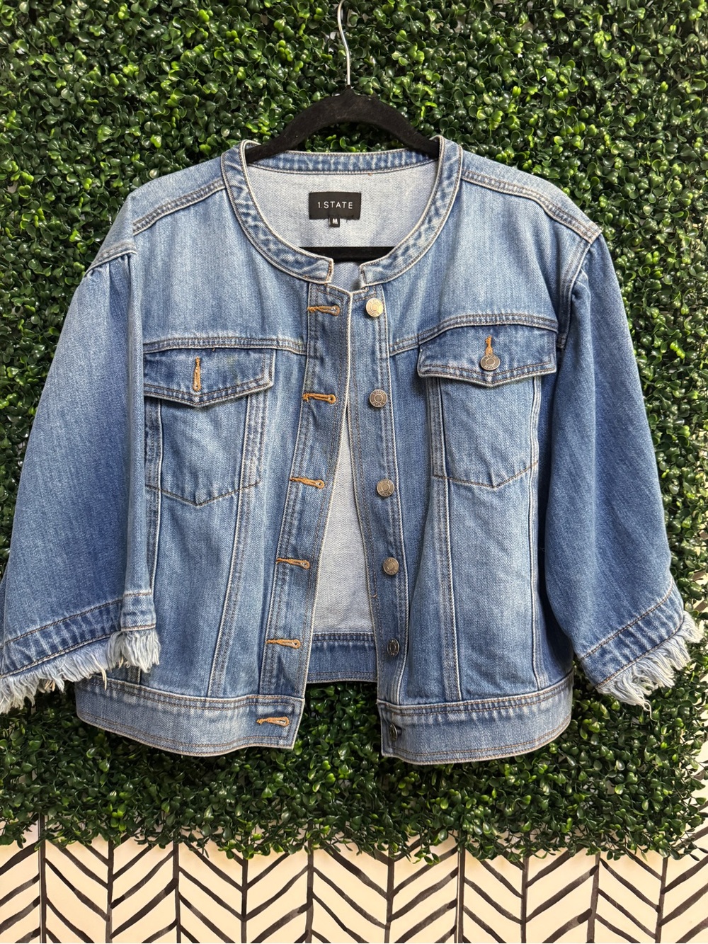 I.STATE Light Blue Denim Jacket with Frayed Cuffs